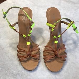 Coach beige high heel sandal with neon accent